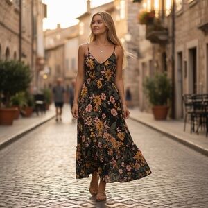 Angie Black Floral High-Low Maxi Dress with Pink & Mustard Blooms